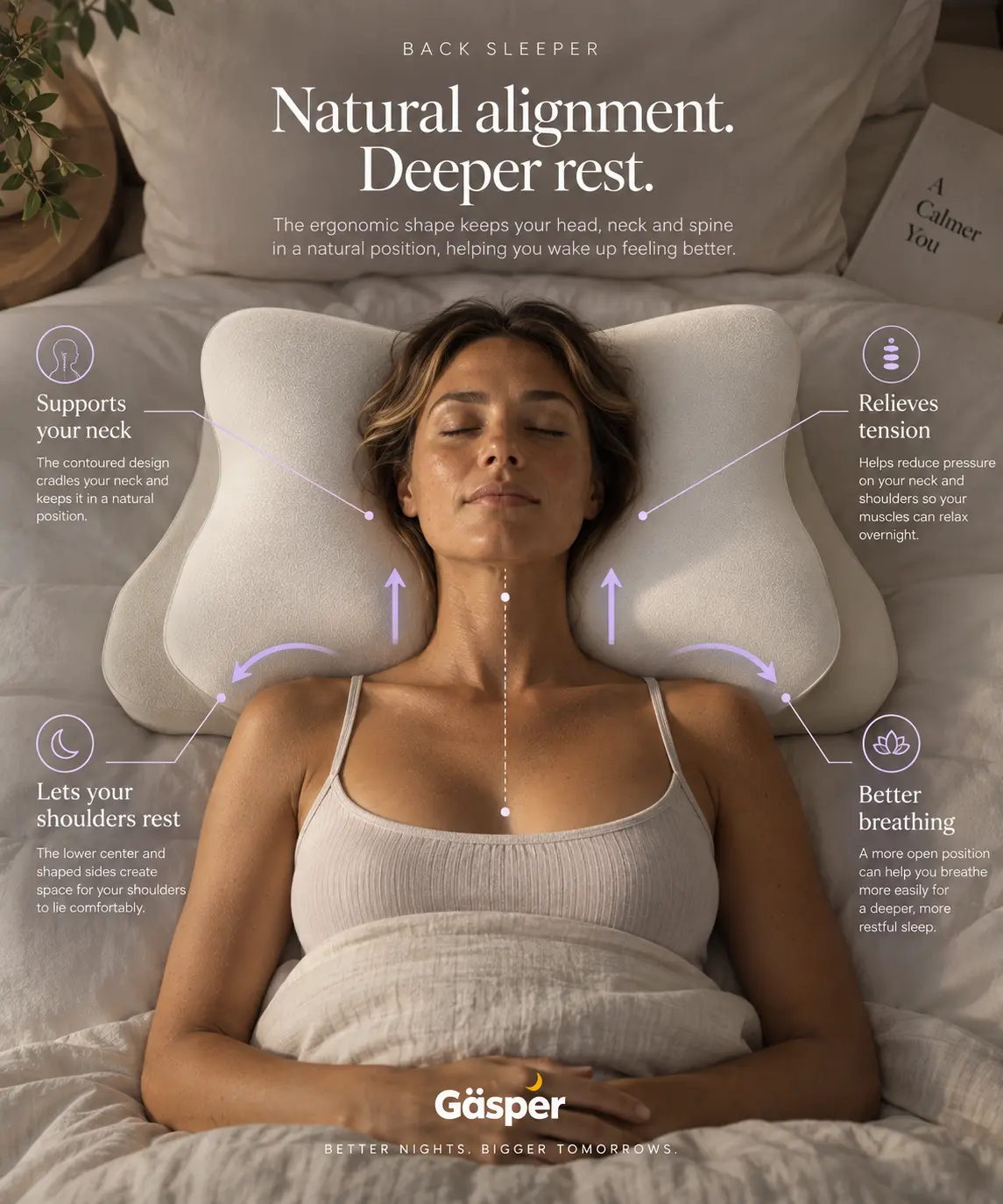 Back sleeper on Gäsper pillow with neck support, tension relief, shoulder rest and breathing callouts